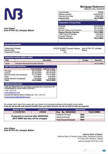 Download Malawi National Bank of Malawi mortgage statement Word and PDF template Photoshop template